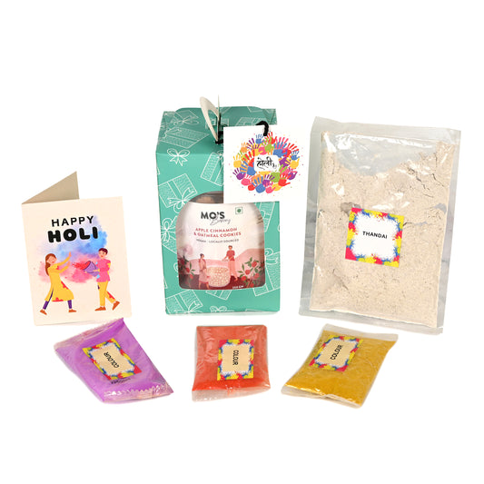 Holi Green Gift Box with Apple Cinnamon & Oatmeal Cookies,Thandai Mix & Holi Colours | Herbal Gulal 15g x 3 colours