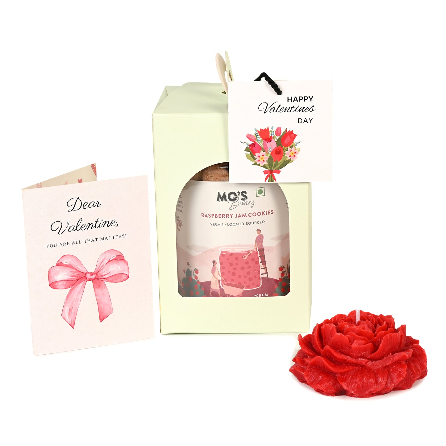 Valentines Day Blue Gift Box with Raspberry Cookies, Rose Flower Candle & Customisable Card