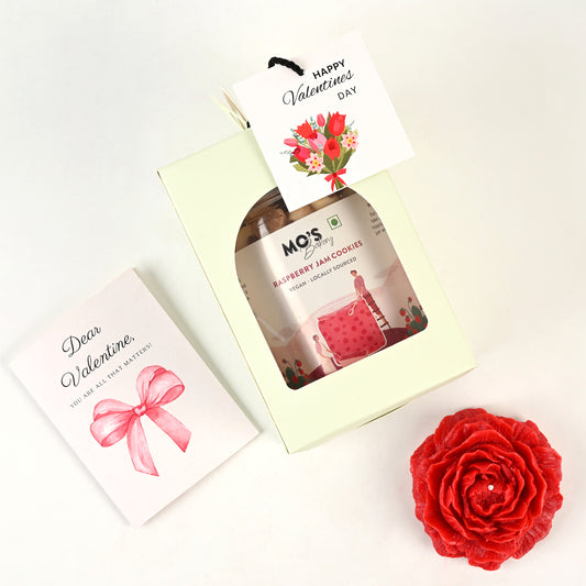 Valentines Day Blue Gift Box with Raspberry Cookies, Rose Flower Candle & Customisable Card