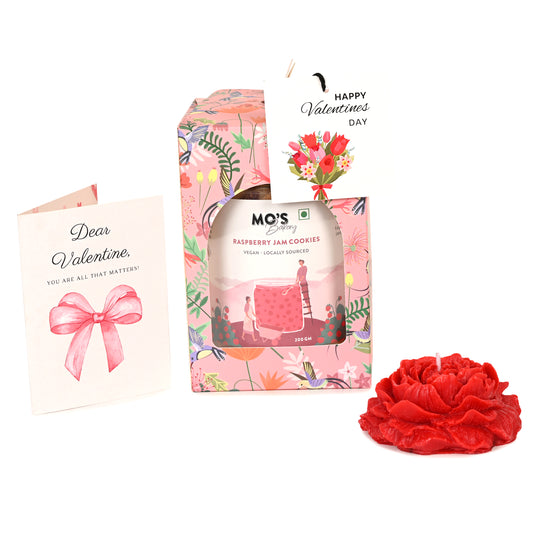 Valentines Day Pink Gift Box with Raspberry Cookies, Rose Flower Candle & Customisable Card