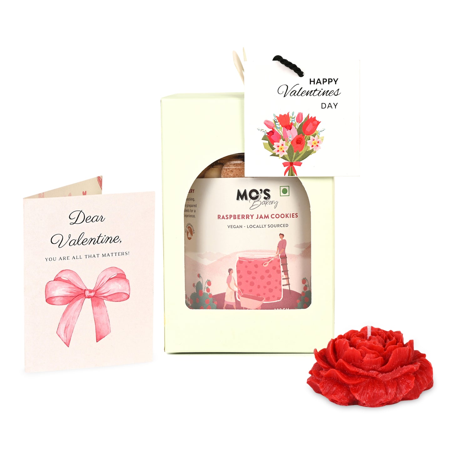Valentines Day Blue Gift Box with Raspberry Cookies, Rose Flower Candle & Customisable Card
