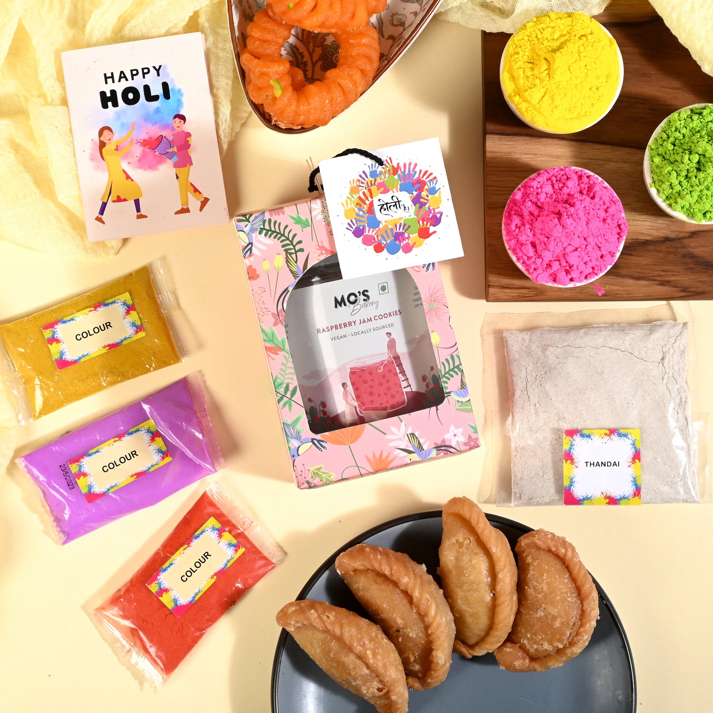Holi Pink Gift Box with Raspberry Cookies, Holi Colours and Thandai Mix | Herbal Gulal 15g x 3 colours Gift Set