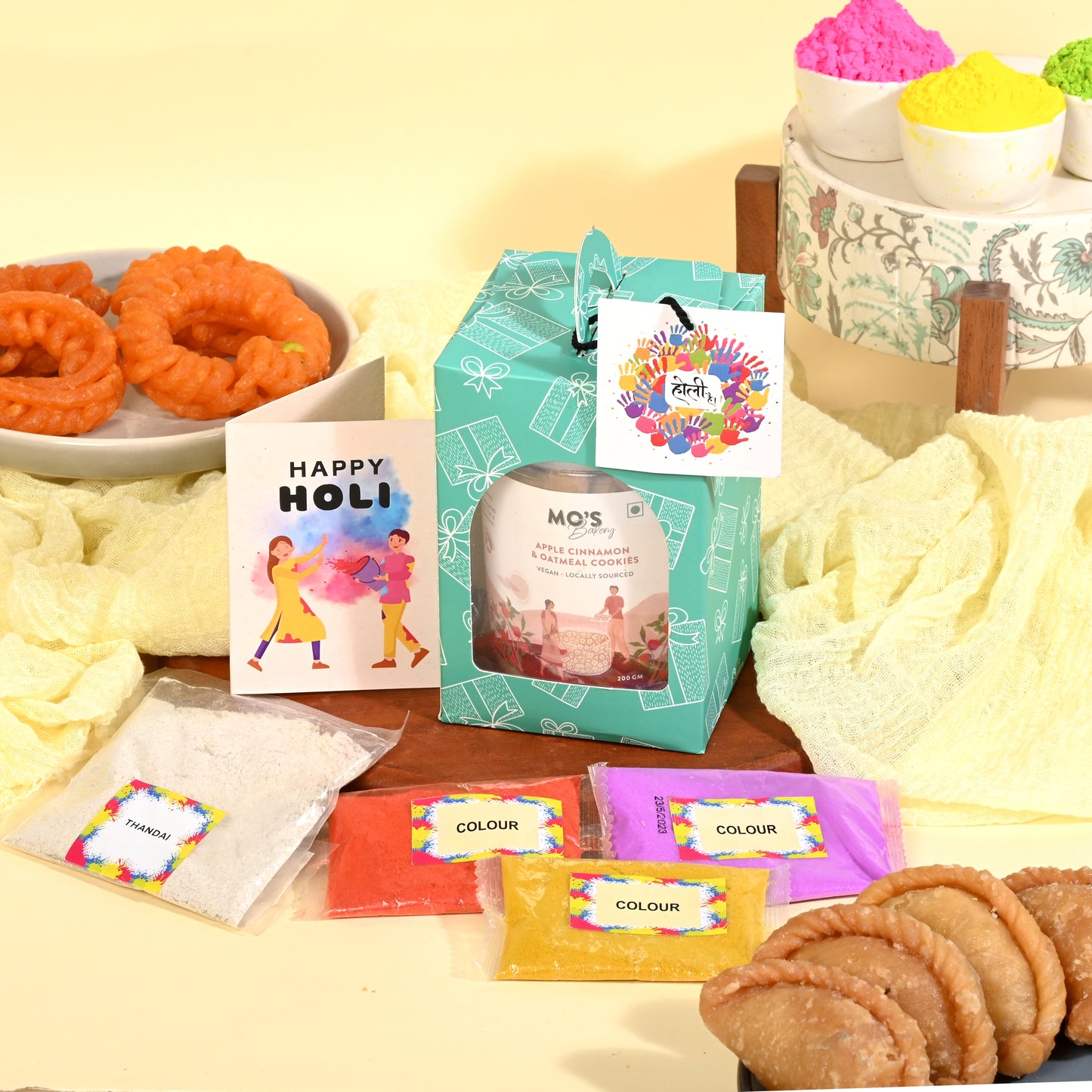 Holi Green Gift Box with Apple Cinnamon & Oatmeal Cookies,Thandai Mix & Holi Colours | Herbal Gulal 15g x 3 colours