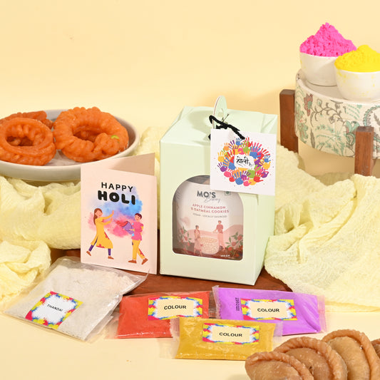 Holi Blue Gift Box with Apple Cinnamon & Oatmeal Cookies, Holi Colours and Thandai Mix |Herbal Gulal 15g x 3 colours