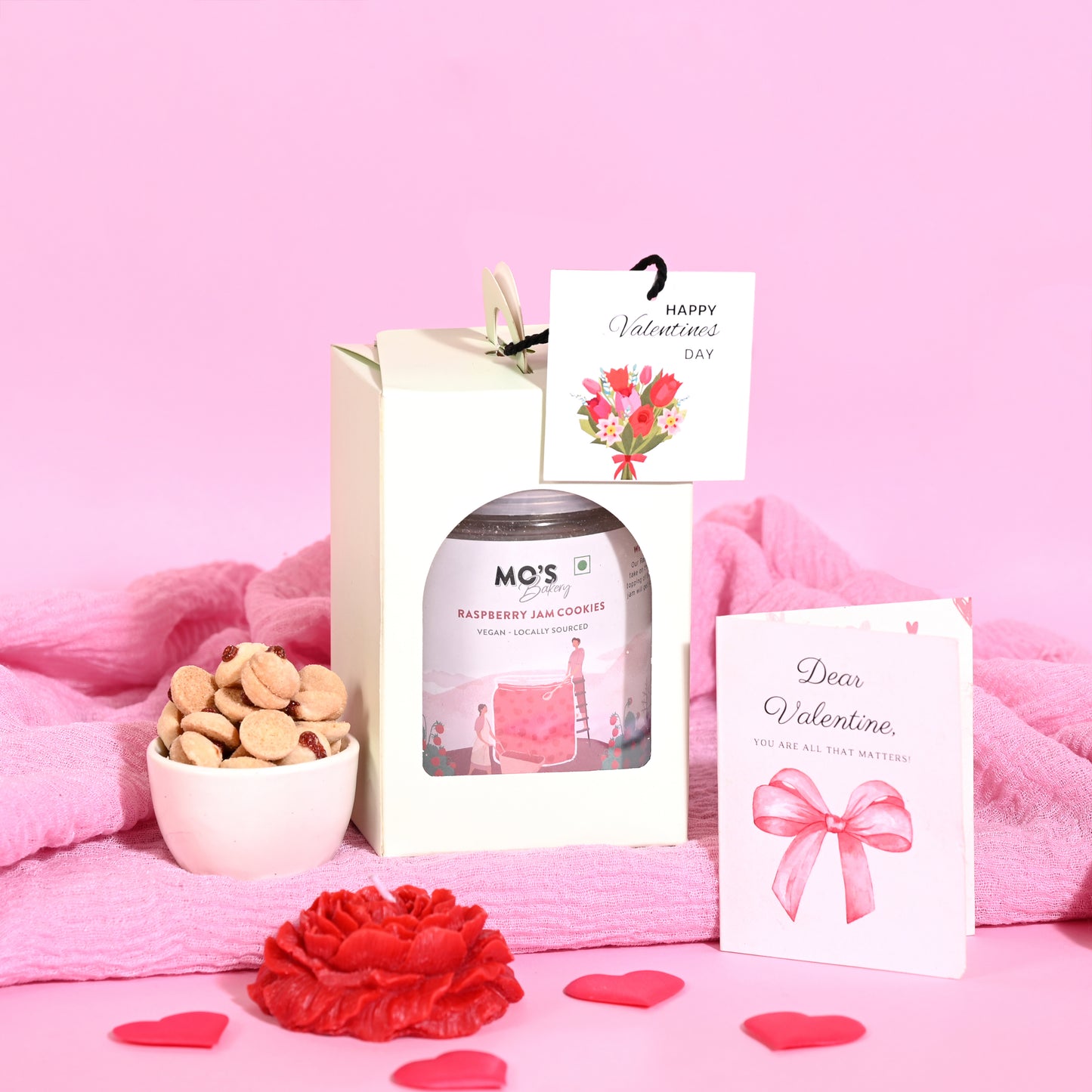 Valentines Day Blue Gift Box with Raspberry Cookies, Rose Flower Candle & Customisable Card