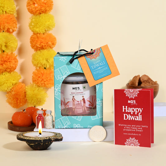 Premium Diwali Ragi Cookies Green Gift Box with Diya, Pooja Coin and Roli