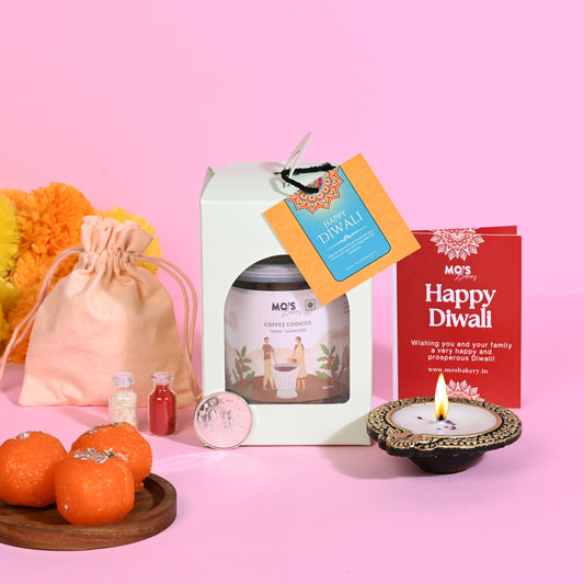 Premium Diwali Sugarfree coffee Cookies Blue Gift Box with Diya, Pooja Coin and Roli