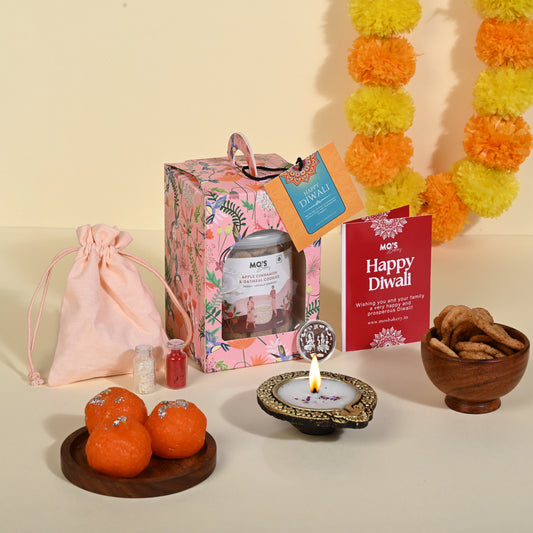 Premium Diwali Apple Cinnamon Cookies Pink Gift Box with Diya, Pooja Coin and Roli