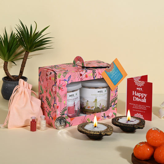 Raspberry & Almond Cookies Gift Box – Pink Diwali Hamper with 2 Gourmet Cookies, 2 Diyas, Roli Tikka Pouch & Greeting Card