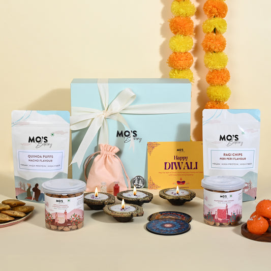 Mo’s Blue Gift Box Raspberry & apple cinnemon Cookies – 2 Cookies, 4 Diyas, 2 Coasters, Roli Tikka Chawal Set & Potli Pouches