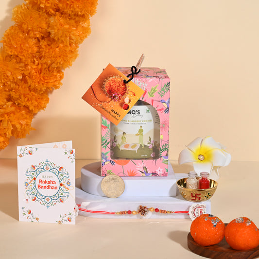 Rakhi Almond Cookies Gift Box with Rakhi, Pooja Coin and Roli Chawal