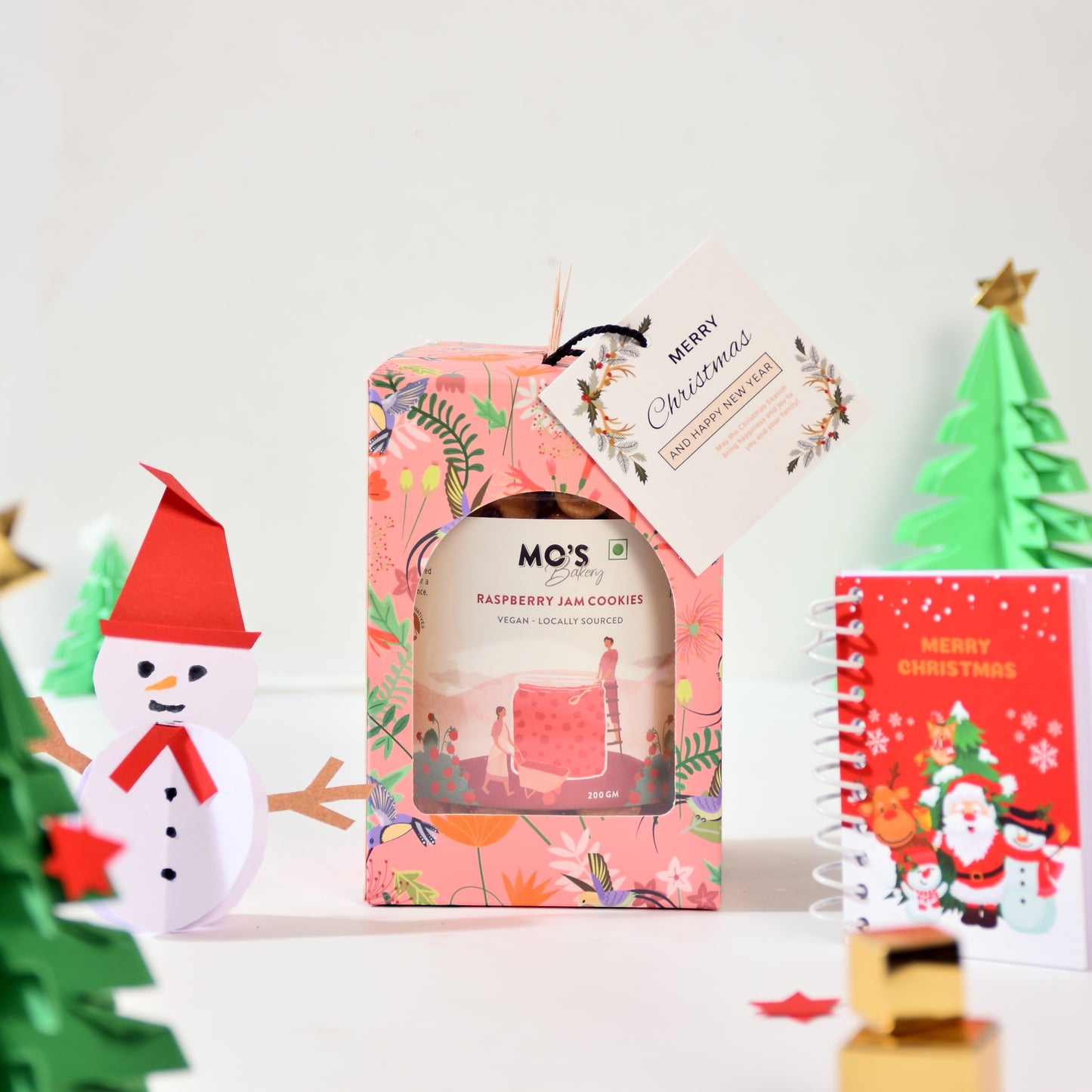 Premium Christmas & New Year Pink Gift Box with Raspberry Cookies,New Year Goals Diary & Xmas Greeting Card | Healthy Christmas Gift | Healthy Snacks Gift Box | Cookies Gift Box