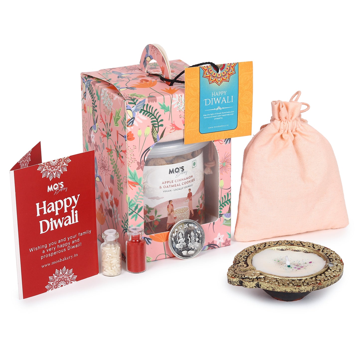 Premium Diwali Apple Cinnamon Cookies Pink Gift Box with Diya, Pooja Coin and Roli