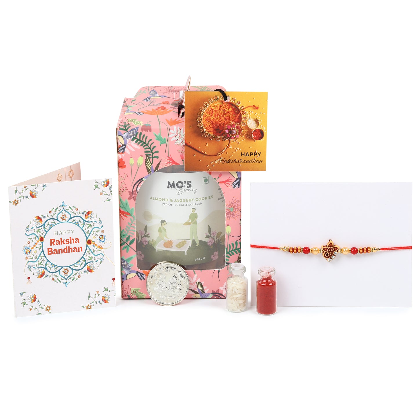 Rakhi Almond Cookies Gift Box with Rakhi, Pooja Coin and Roli Chawal