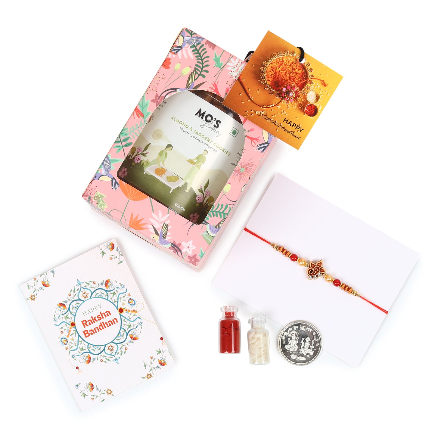 Rakhi Almond Cookies Gift Box with Rakhi, Pooja Coin and Roli Chawal