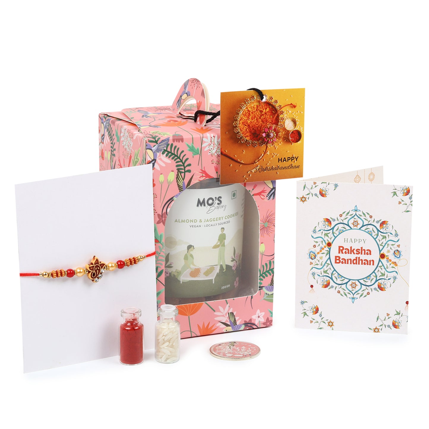 Rakhi Almond Cookies Gift Box with Rakhi, Pooja Coin and Roli Chawal