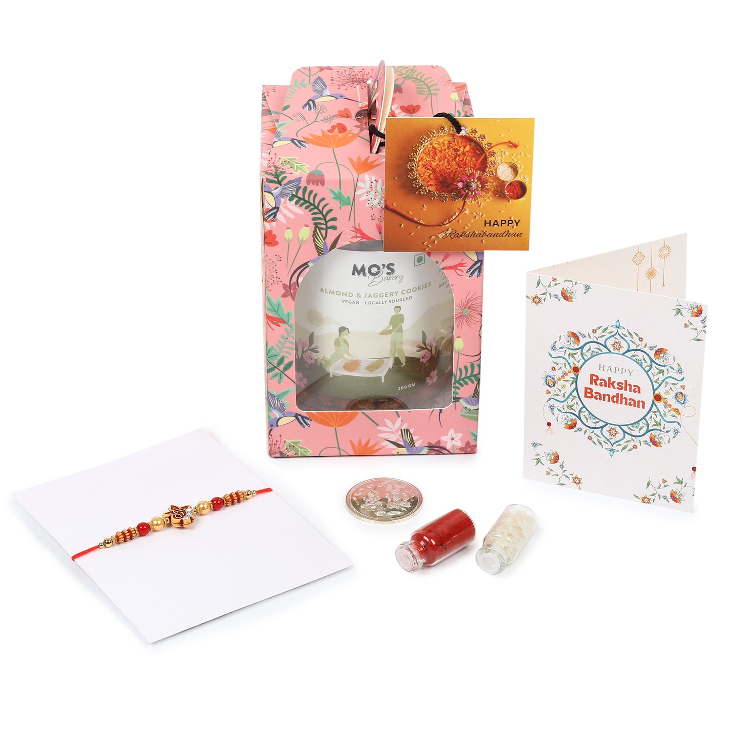 Rakhi Almond Cookies Gift Box with Rakhi, Pooja Coin and Roli Chawal