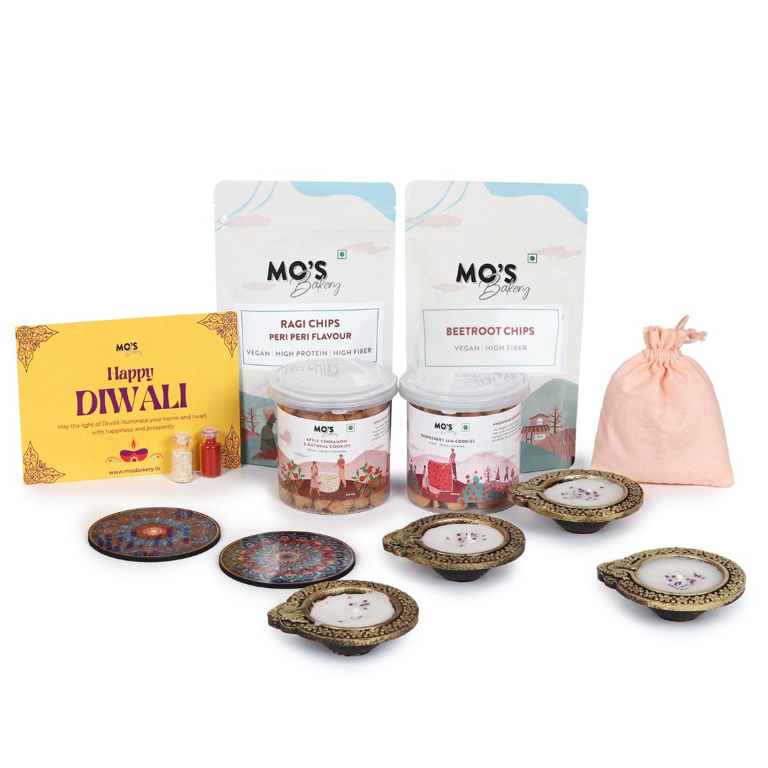 Mo’s Blue Gift Box Raspberry & apple cinnemon  Cookies – 2 Cookies, 4 Diyas, 2 Coasters, Roli Tikka Chawal Set & Potli Pouches