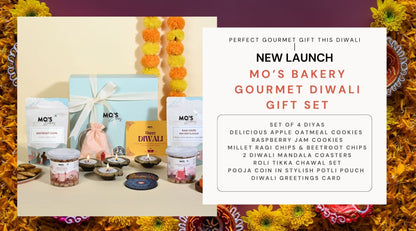 Mo’s Blue Gift Box Raspberry & apple cinnemon  Cookies – 2 Cookies, 4 Diyas, 2 Coasters, Roli Tikka Chawal Set & Potli Pouches