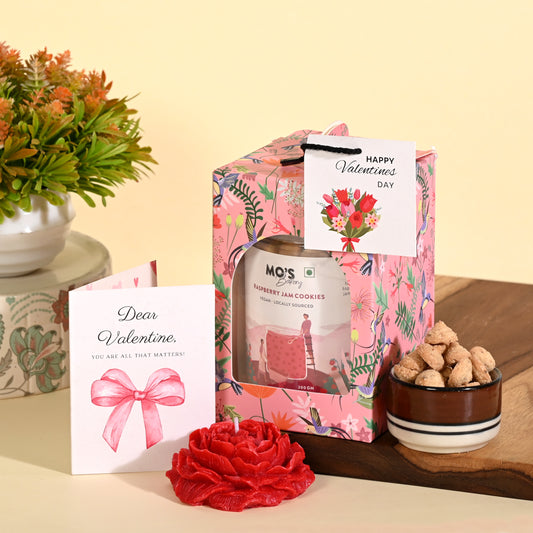 Valentines Day Pink Gift Box with Raspberry Cookies, Rose Flower Candle & Customisable Card