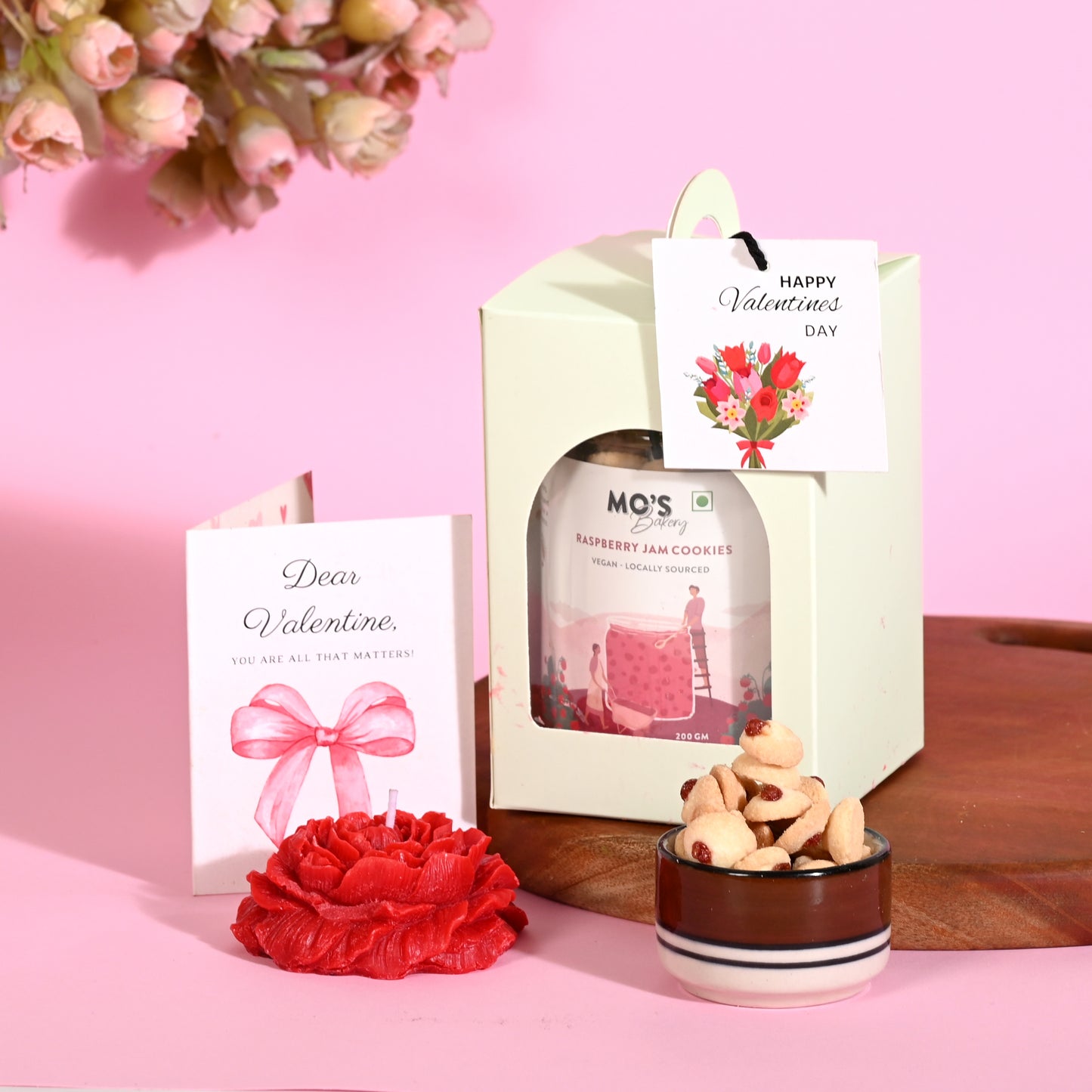 Valentines Day Blue Gift Box with Raspberry Cookies, Rose Flower Candle & Customisable Card