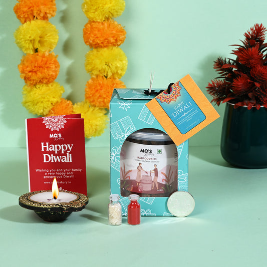 Premium Diwali Ragi  Cookies Green Gift Box with Diya, Pooja Coin and Roli