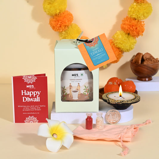 Premium Diwali Sugarfree coffee Cookies Blue Gift Box with Diya, Pooja Coin and Roli