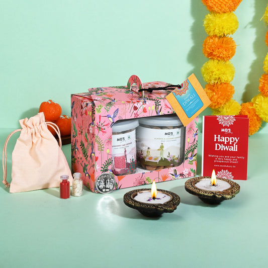Raspberry & Almond Cookies Gift Box – Pink Diwali Hamper with 2 Gourmet Cookies, 2 Diyas, Roli Tikka Pouch & Greeting Card