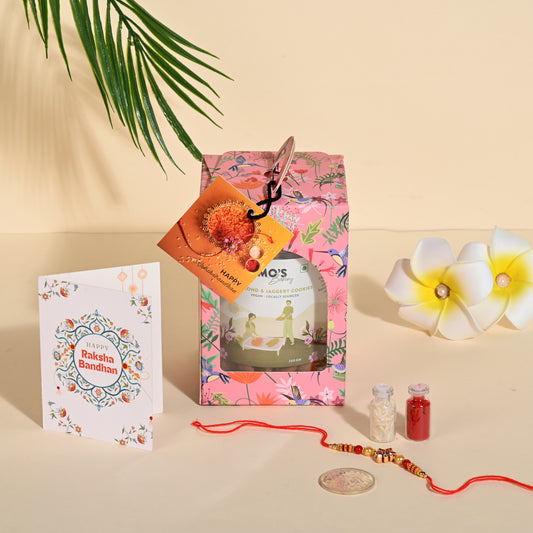 Rakhi Almond Cookies Gift Box with Rakhi, Pooja Coin and Roli Chawal