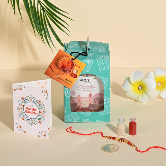 Rakhi Apple Cinnamon  Cookies Gift Box with Rakhi, Pooja Coin and Roli Chawal