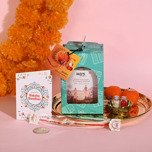 Rakhi Apple Cinnamon  Cookies Gift Box with Rakhi, Pooja Coin and Roli Chawal
