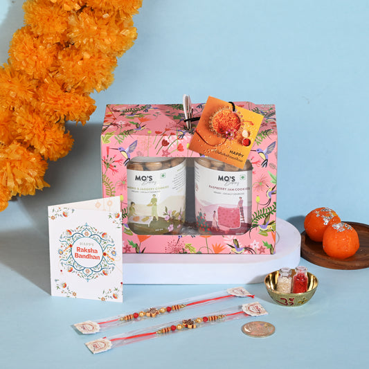Rakhi Cookies Gift Set with Two Rakhis, Pooja Coin and Roli Chawal