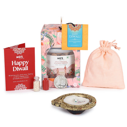 Premium Diwali Apple Cinnamon Cookies Pink Gift Box with Diya, Pooja Coin and Roli