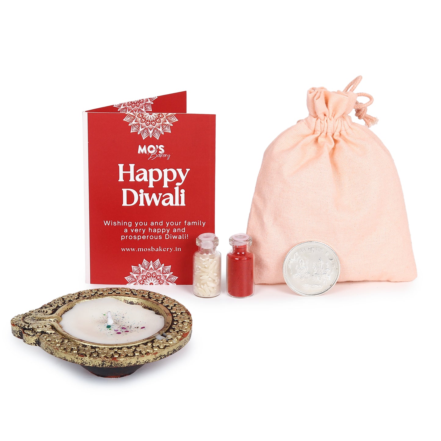 Premium Diwali Apple Cinnamon Cookies Pink Gift Box with Diya, Pooja Coin and Roli