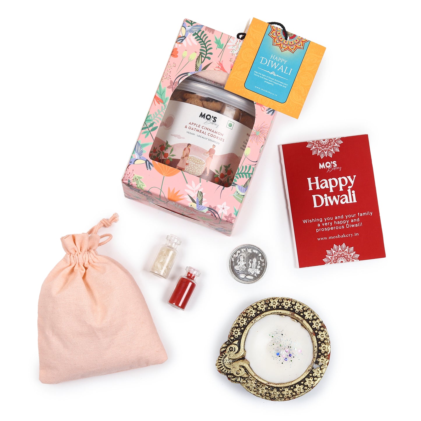 Premium Diwali Apple Cinnamon Cookies Pink Gift Box with Diya, Pooja Coin and Roli