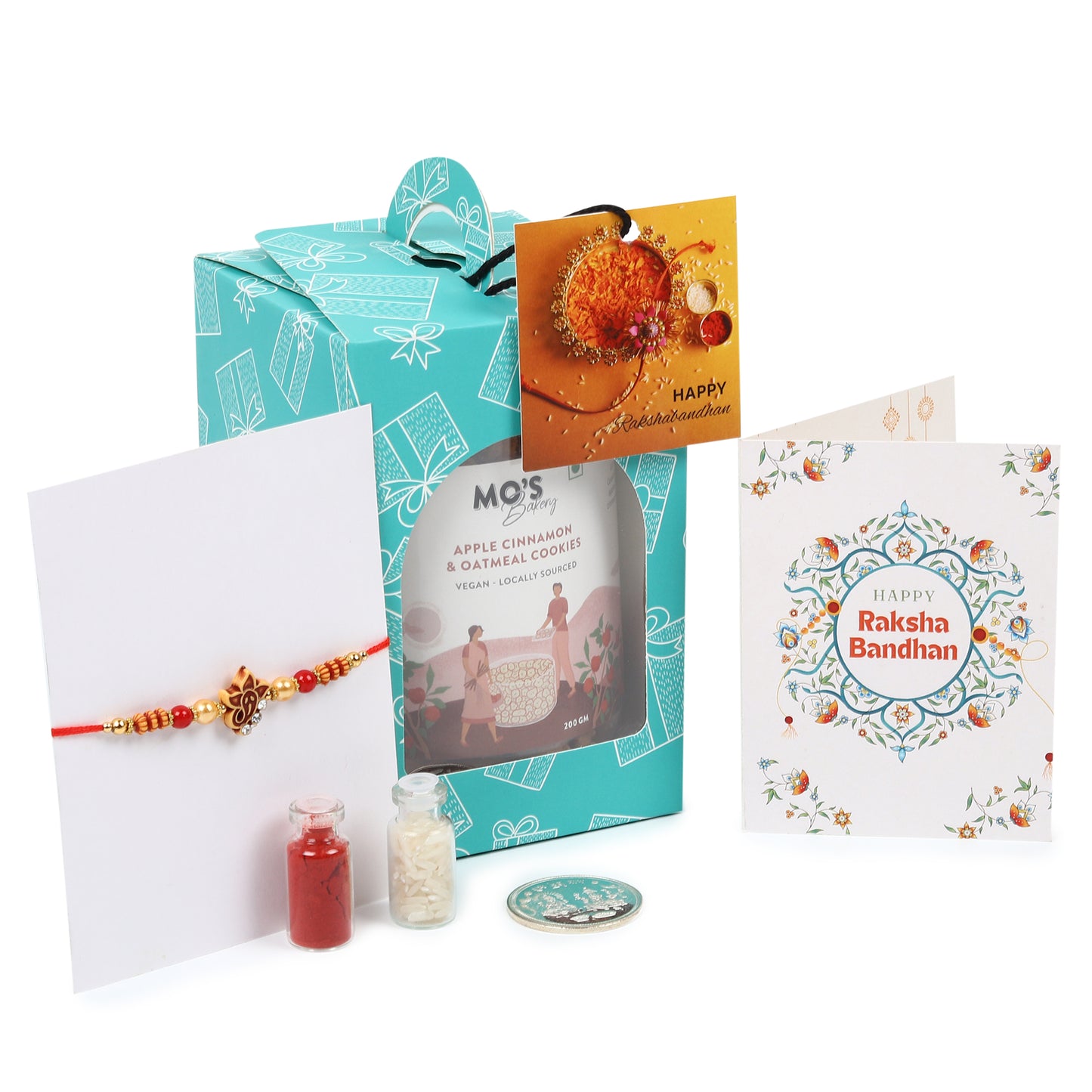 Rakhi Apple Cinnamon  Cookies Gift Box with Rakhi, Silver Coin and Roli Chawal